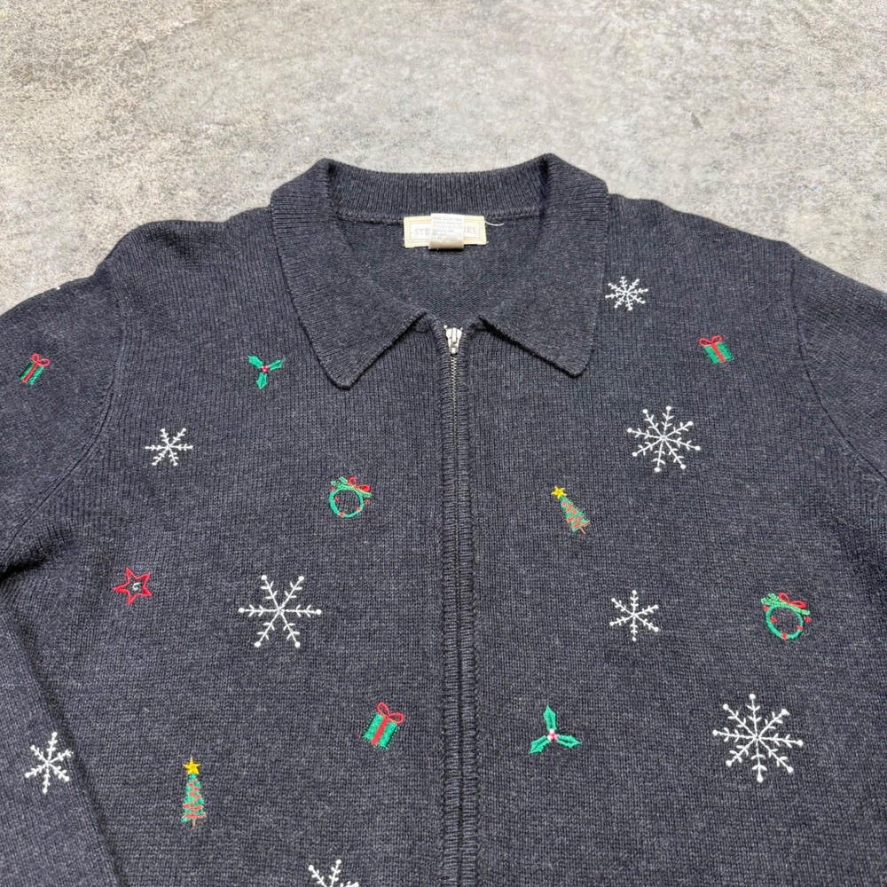 Studio Works Cardigan Women XL Gray Christmas Sweater Zip Up Embroidered Holiday